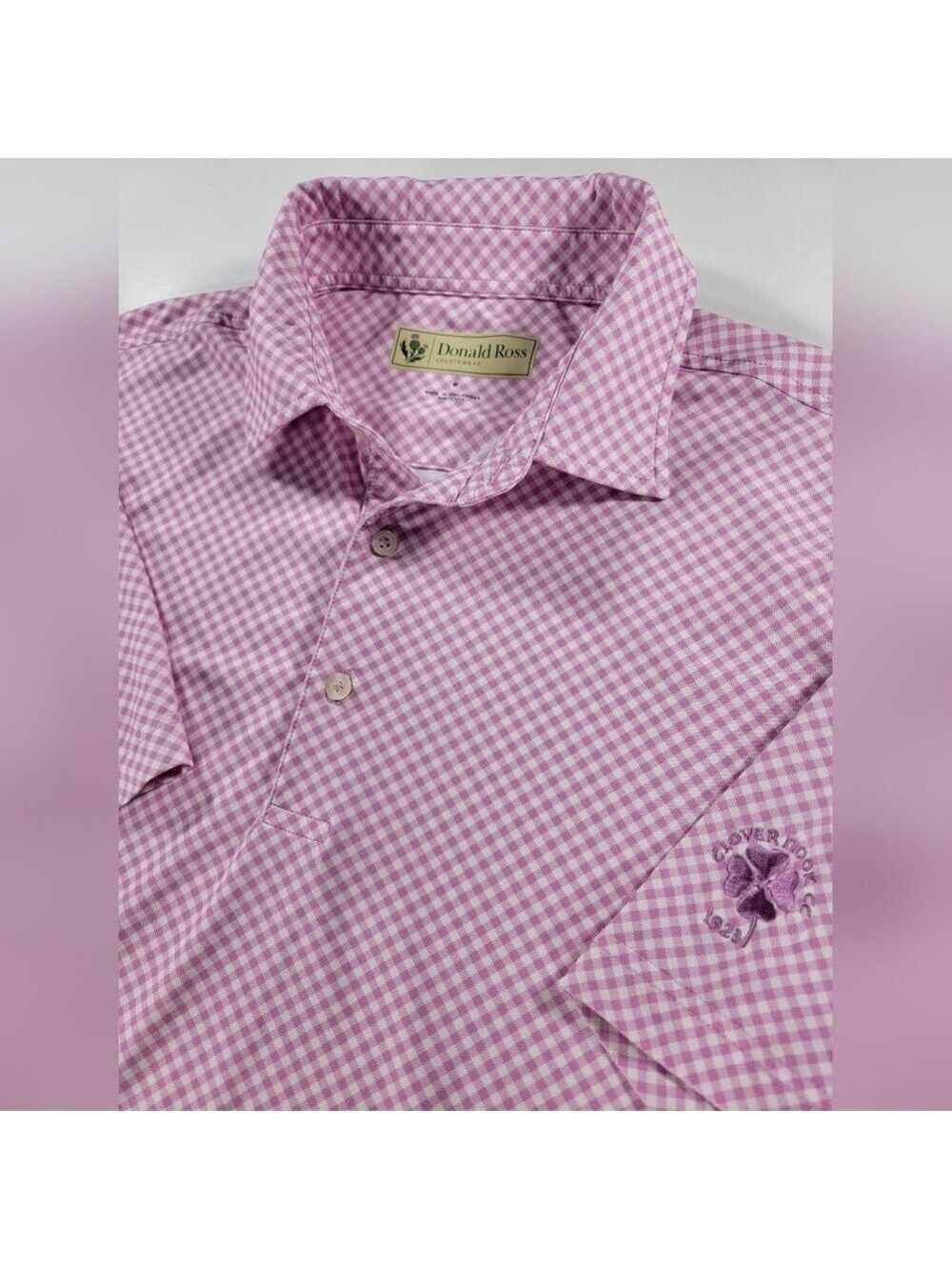 Donald Ross Sport Golf Polo Shirt Clovernook CC Purple White Check Mens Medium